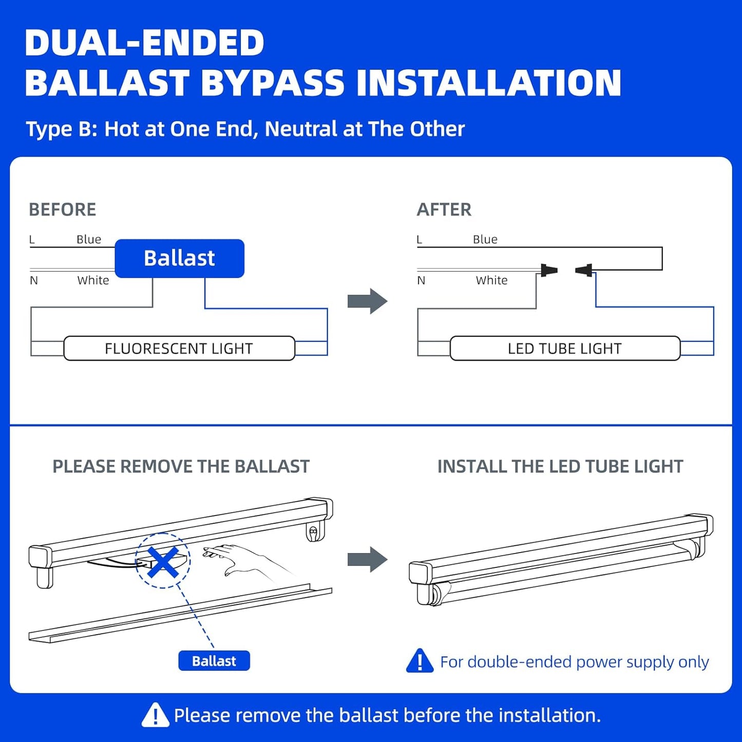 Barrina 4FT LED T8 Type B Light Tube, 24W, 3500LM, 6000K Bright Light, Ballast Bypass, 4 Foot Fluorescent Replacement Tube, Dual-End Powered, T8 T10 T12 LED Replacement, Frosted Cover, 16 Packs