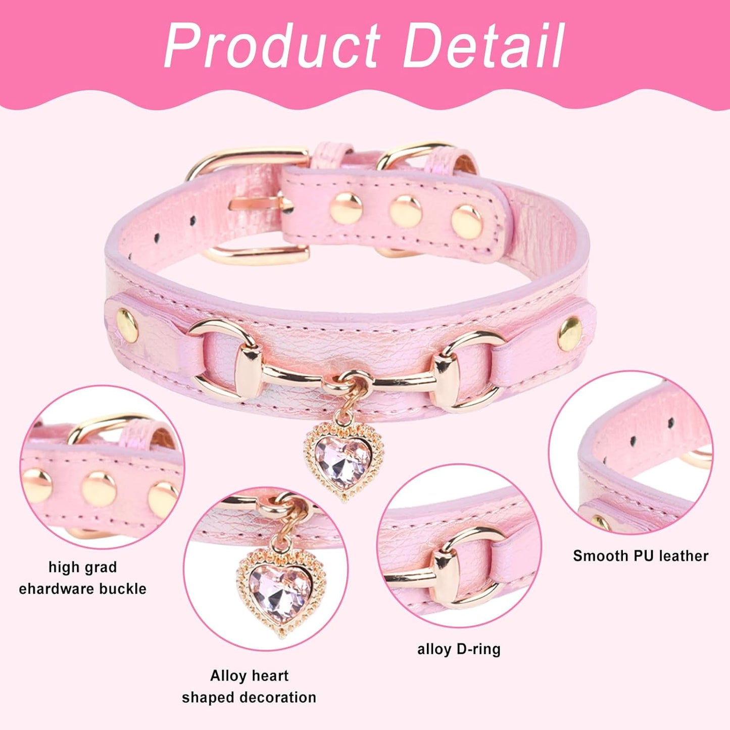 Bling Heart Charm Dog Collar: Pink Adjustable Leather Rhinestones Necklace Collar Pet Accessories for Sizes S Small Medium Dogs,10.6"-13"