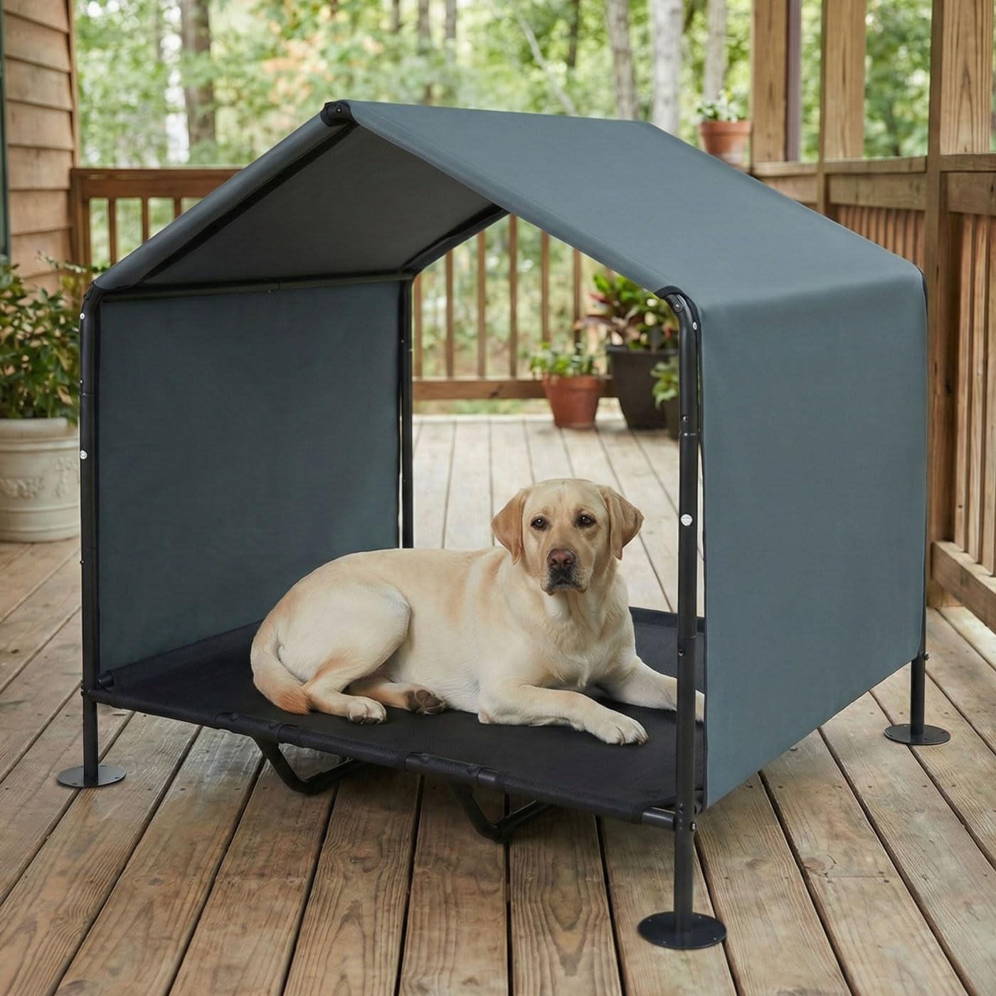 Outdoor Dog House for Large Dogs, Raised Dog Bed with Removable Waterproof Shade Cover, Portable Pet Shelter for Camping, Patio & Yard