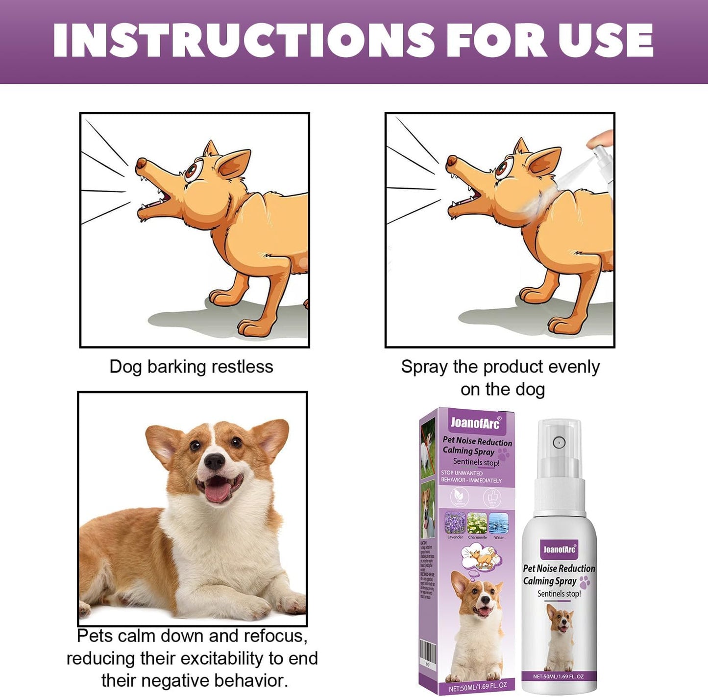 JoanofArc Calming Spray, Cat & Dog Calming Pheromone Spray 50ml with Diffuser Kit, Support Calmness, Stress Reduction, Stops Scratching & Barking for Home Travel, Safe for Pets