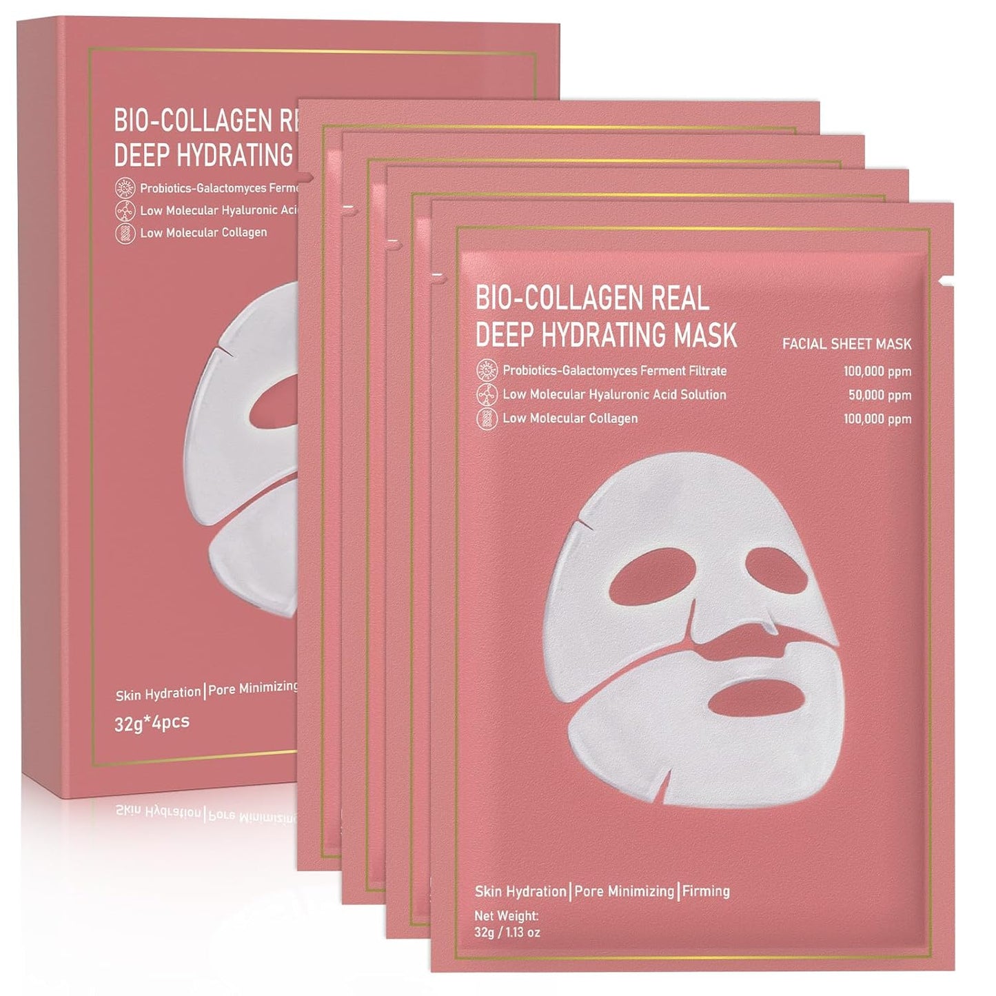 Collagen Face Mask, 4 Pack Bio-Collagen Real Deep Mask Overnight Hydrating Face Mask for All Skin Types,Original Hydrating Collagen Face Mask