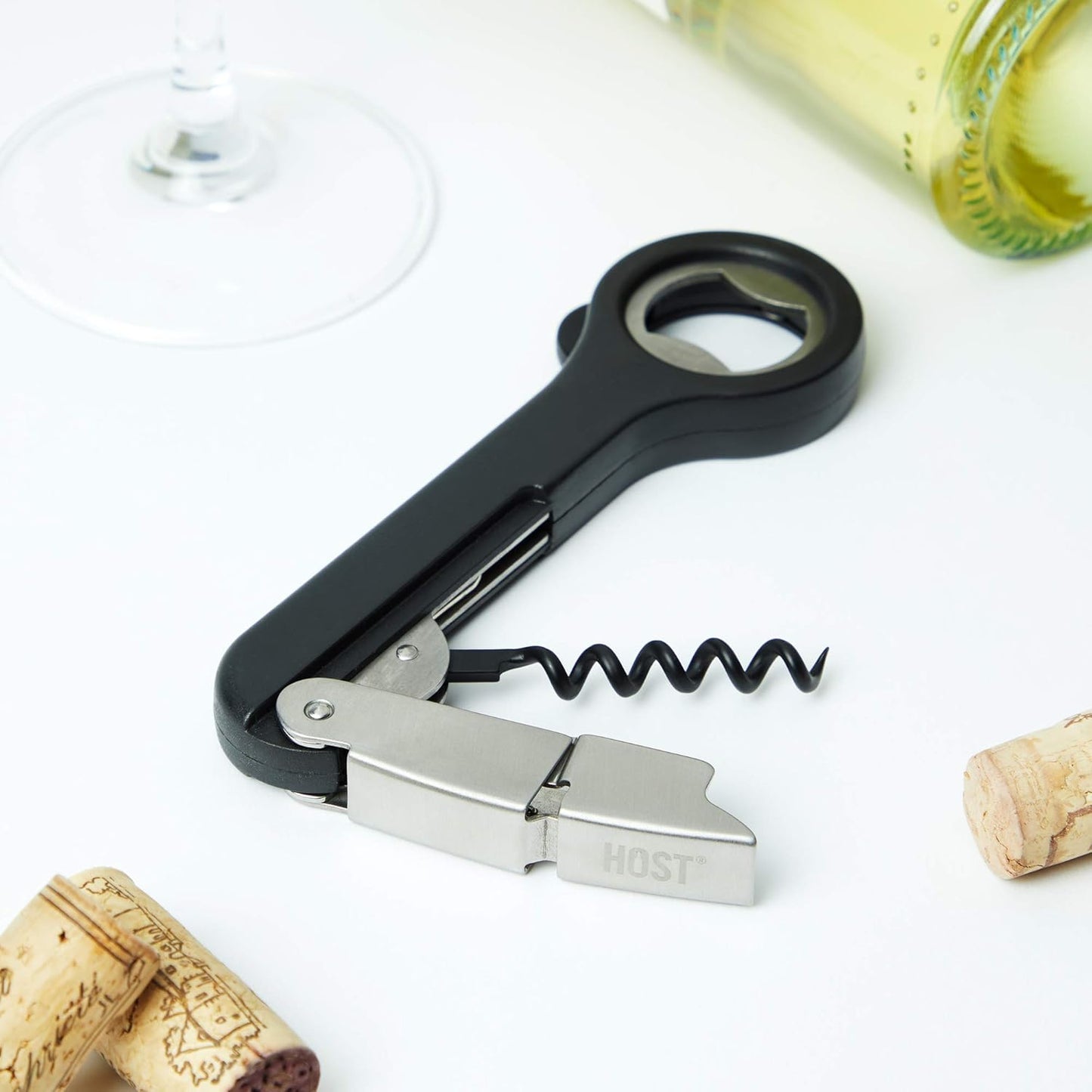 Host Double Hinged Corkscrew, Stainless Steel Bottle Opener and Foil Cutter, Wine Key, Bar Accessories, Set of 1, Black