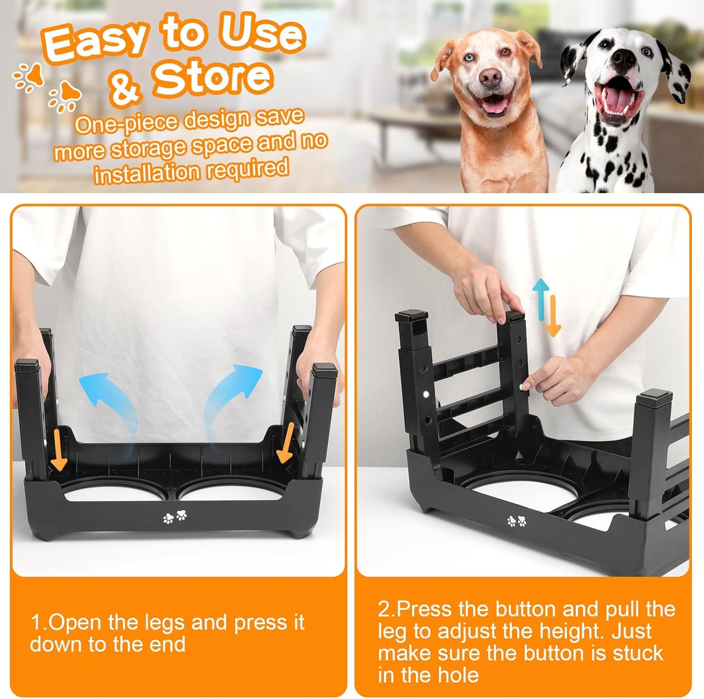 COMESOON Elevated Dog Bowls, 4 Height Adjustable Raised Bowl Stand with 2 Thick 50oz Stainless Steel Food Bowls Non-Slip Feeder Adjusts to 3.7'', 9.2'', 10.75'', 12.36'' Black, (DB-W01)