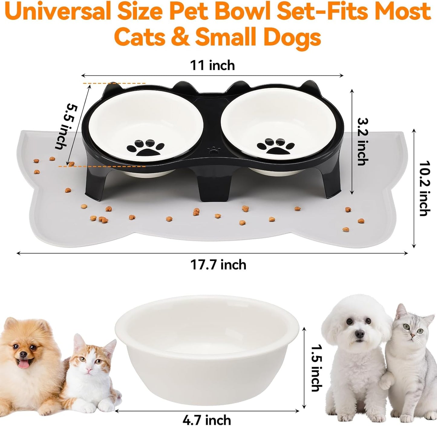 Ceramic Elevated Cat Bowls Kitty Bowls - 15° Tilt Anti-Vomiting, Silicone Mat Included, Whisker Friendly for Indoor Cats & Small Dogs (2-Pack) (Black)