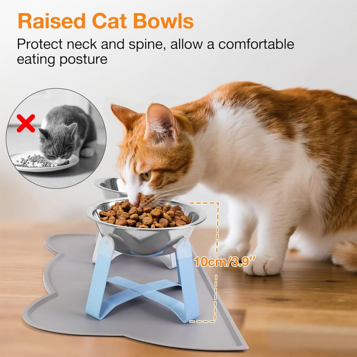 Elevated Cat Bowls, 5.5” Wide Stainless Steel Cat Bowls with Food Mat & Metal Stand, Raised Pet Water Food Feeder with Non-Slip Raised Stand for Cats, Kittens, Puppy, Small Dogs