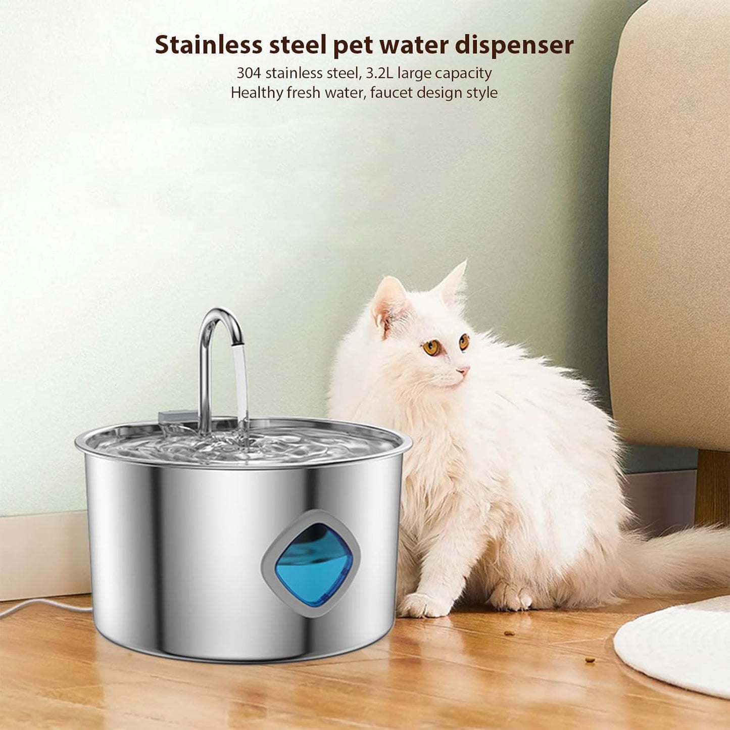 Quiet USB-Powered 3.2L Stainless Steel Water Bowl for Dogs/Cats 4-Stage Filtration Systems USB Power Pet Waterer