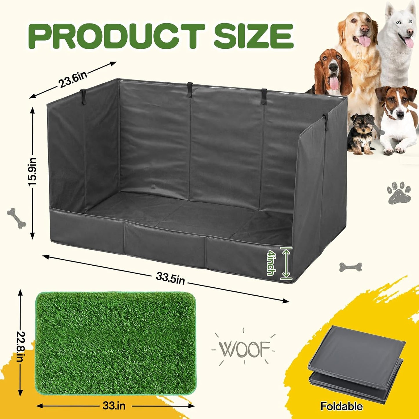 33.5"×23.6"×15.9" High Walls Dog Potty Tray with Artificial Grass, Foldable Dog Pee Pad Holder with 4-Inch Baffle, Waterproof Indoor Dog Litter Box for Small to Medium Pets
