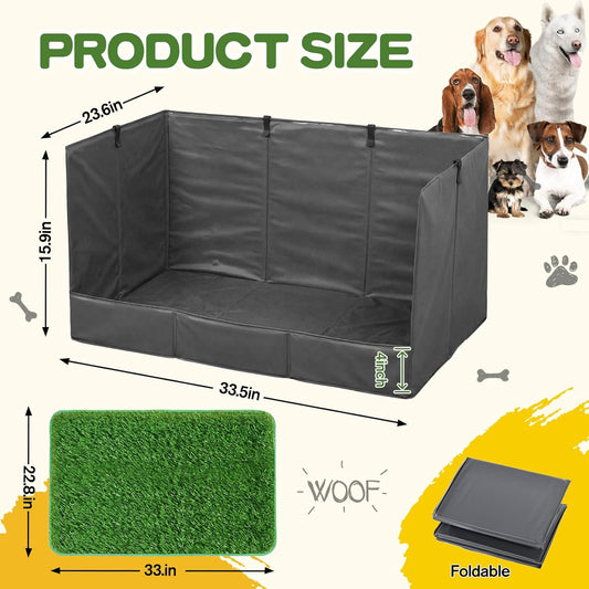 33.5"×23.6"×15.9" High Walls Dog Potty Tray with Artificial Grass, Foldable Dog Pee Pad Holder with 4-Inch Baffle, Waterproof Indoor Dog Litter Box for Small to Medium Pets