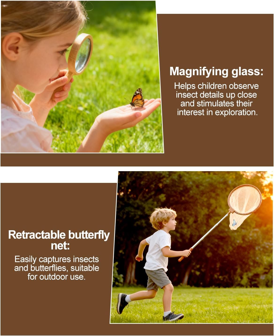 Wooden Bug Catcher Kit for Kids, Outdoor Explorer Nature Discovery Set with Butterfly Net, Bug Habitat & Magnifying Glass, Backyard Camping Outdoor Toys, Ages 3–12, Also Suitable for Toddlers