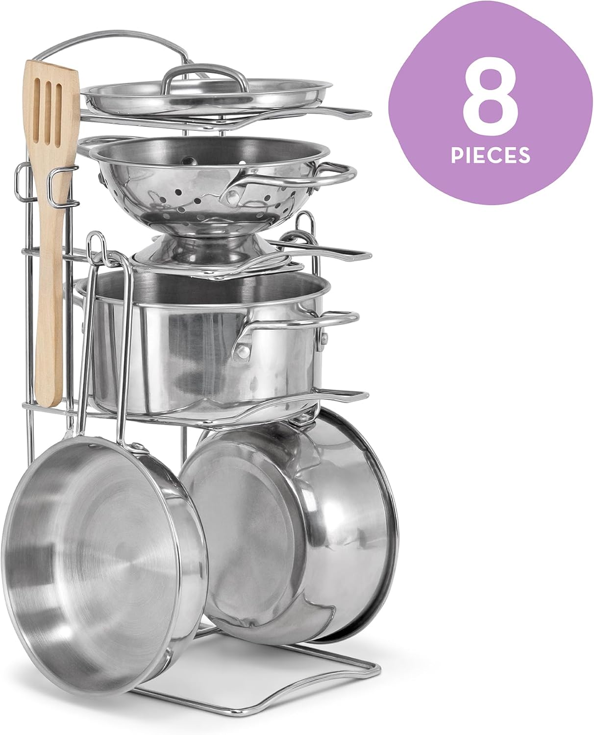 Melissa & Doug Stainless Steel Pots & Pans, 8 Piece Play Kitchen Set, Premium Play Kitchen Accessories & Cooking Utensils, Preschool Toys for Kids 3+
