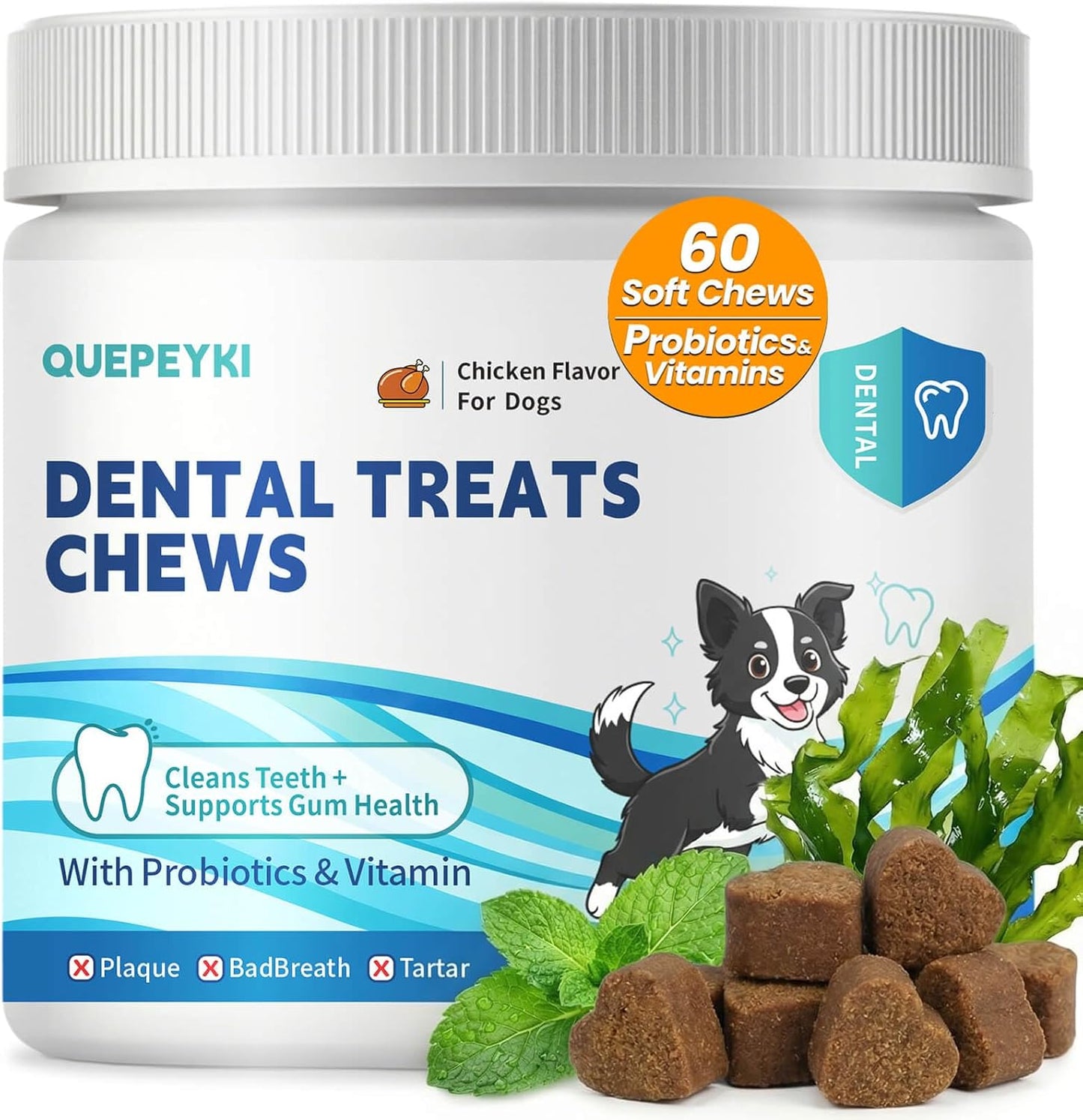 Dog Dental Chews for Bad Breath, Soft Chews – Plaque & Tartar Support, Breath Freshener – with Brown Algae (Kelp) + Probiotics, 60 Count