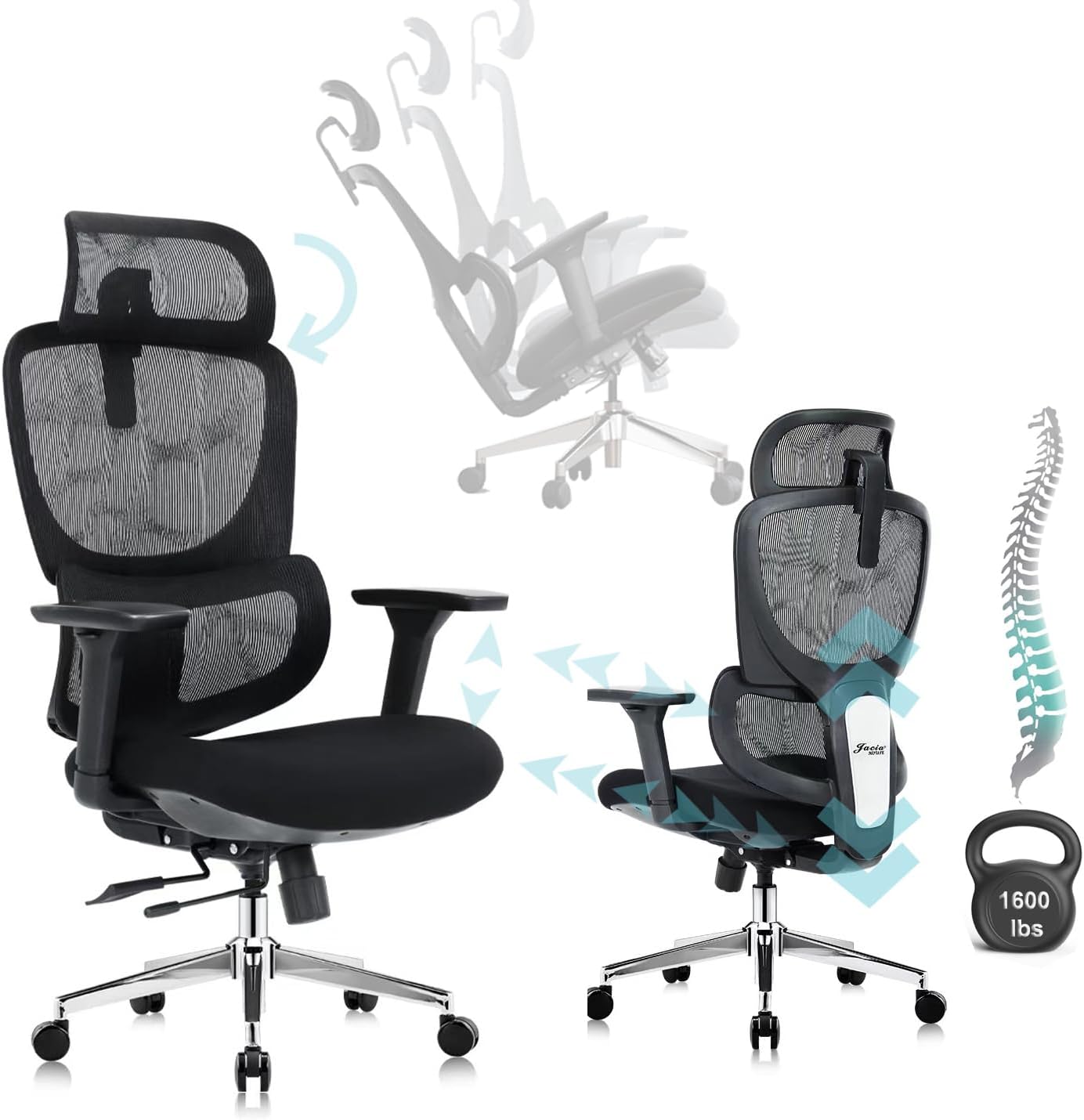 Big Ergonomic Office Chair with Sliding Seat,Dual Back Support -Adjustable 4D Armrests, 2D Headrest, Lumbar Support, 135° Reclining Mesh Back Computer Chair - Home Office/Gaming, 1600lbs Capacity