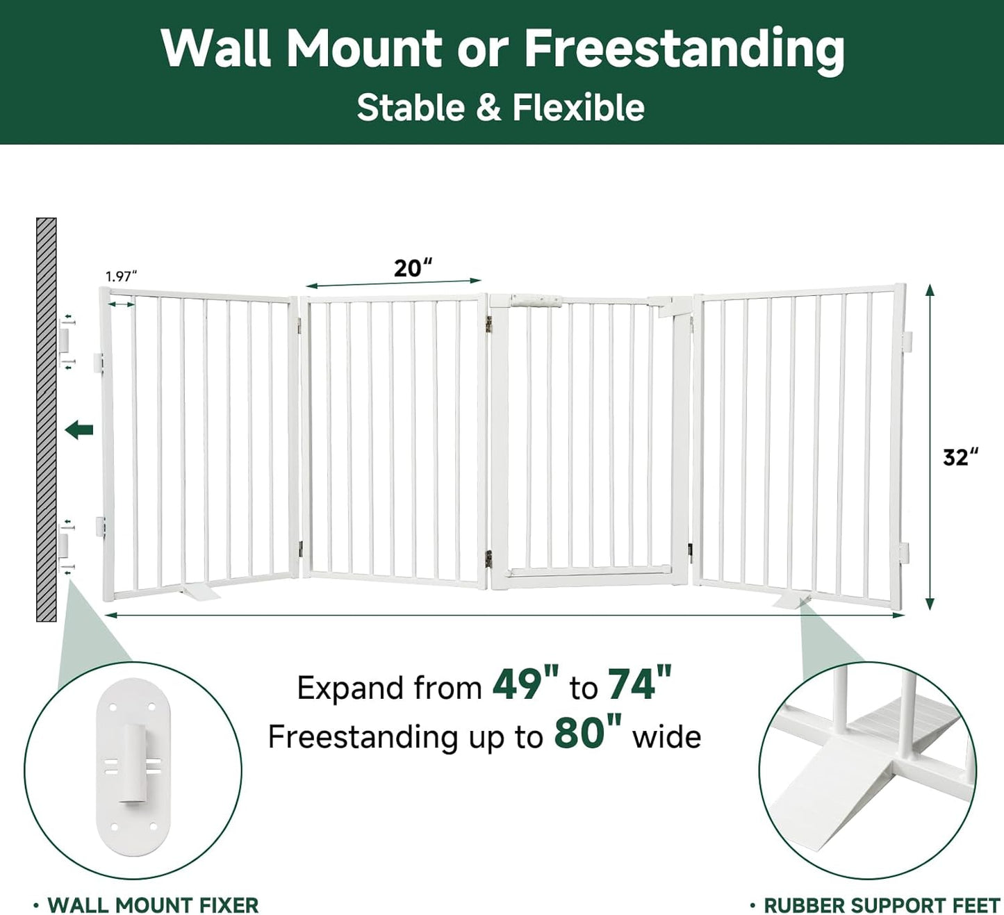 Snagle Paw Metal Freestanding Dog Gate with Door, 80” W x 32” H Dog Fence with Support Feet for Doorways, Stairs and Hallways, Portable Pet Gate for Indoor Use (4 Panel, White)