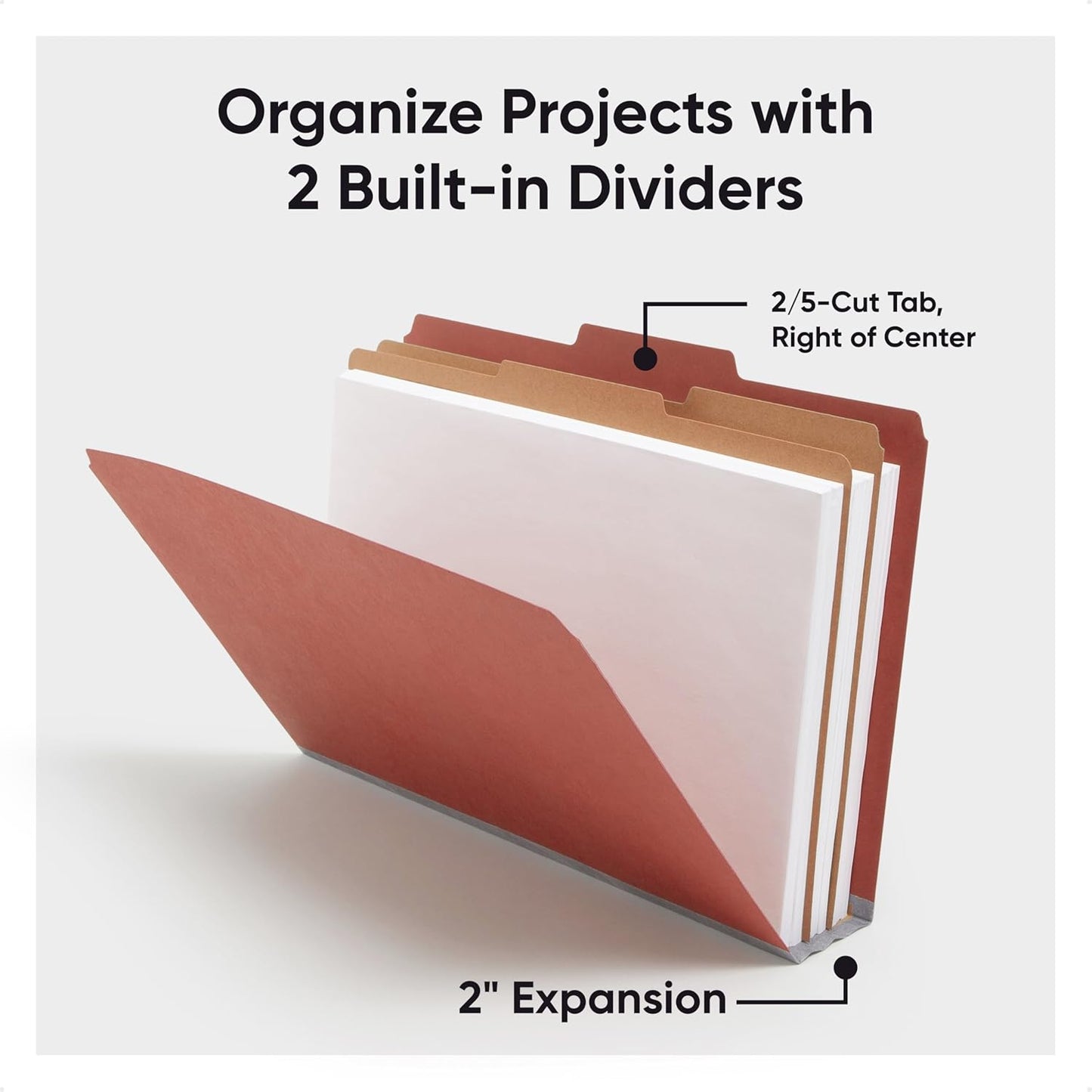 Smead Pressboard Legal Size File Folders with SafeSHIELD Fasteners, 2 Dividers, 2" Expansion, Office Folders, Paper Holder, Red, 10 per Box (19075)