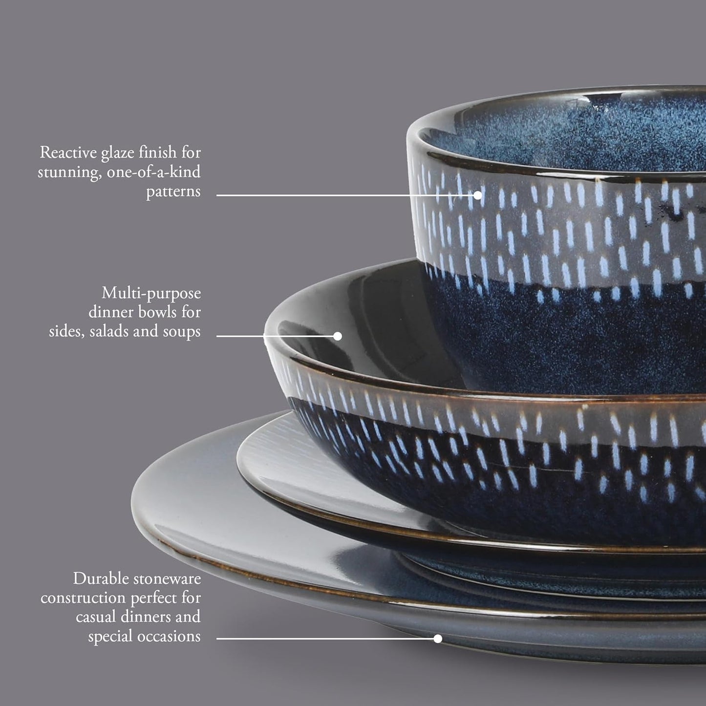 Gibson Elite Matisse 16-Piece Dinnerware Set – Double Bowl Reactive Glaze Cereamic Stoneware in Blue – Plates and Bowls Sets for 4, Microwave & Dishwasher Safe, Rustic Modern Design