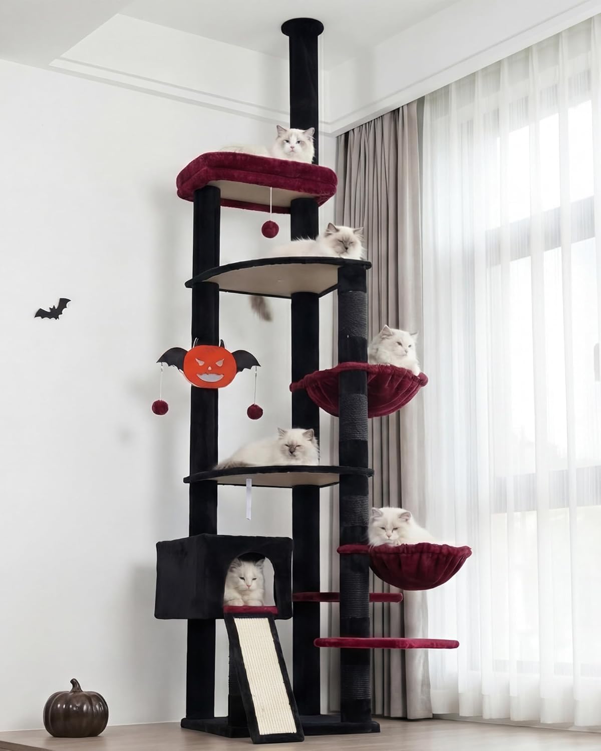 Heybly Cat Tree 92.5-104.3 Inches with Hammock, Floor to Ceiling Gothic Cat Condo, Tall Cat Climbing Tower Adjustable with Scratching Posts for Indoor Cats, Black and Red HCT091BR