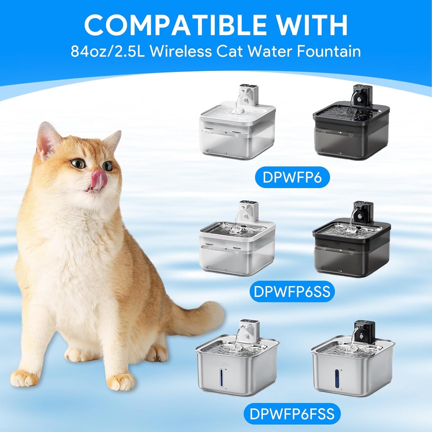 6 Packs Replacement Filters Compatible with DownyPaws Pet Wireless Cat Water Fountain 84oz/2.5L, Filter for Cat and Dogs Water Fountain DPWFP6(6 Filter +6 prefilter)