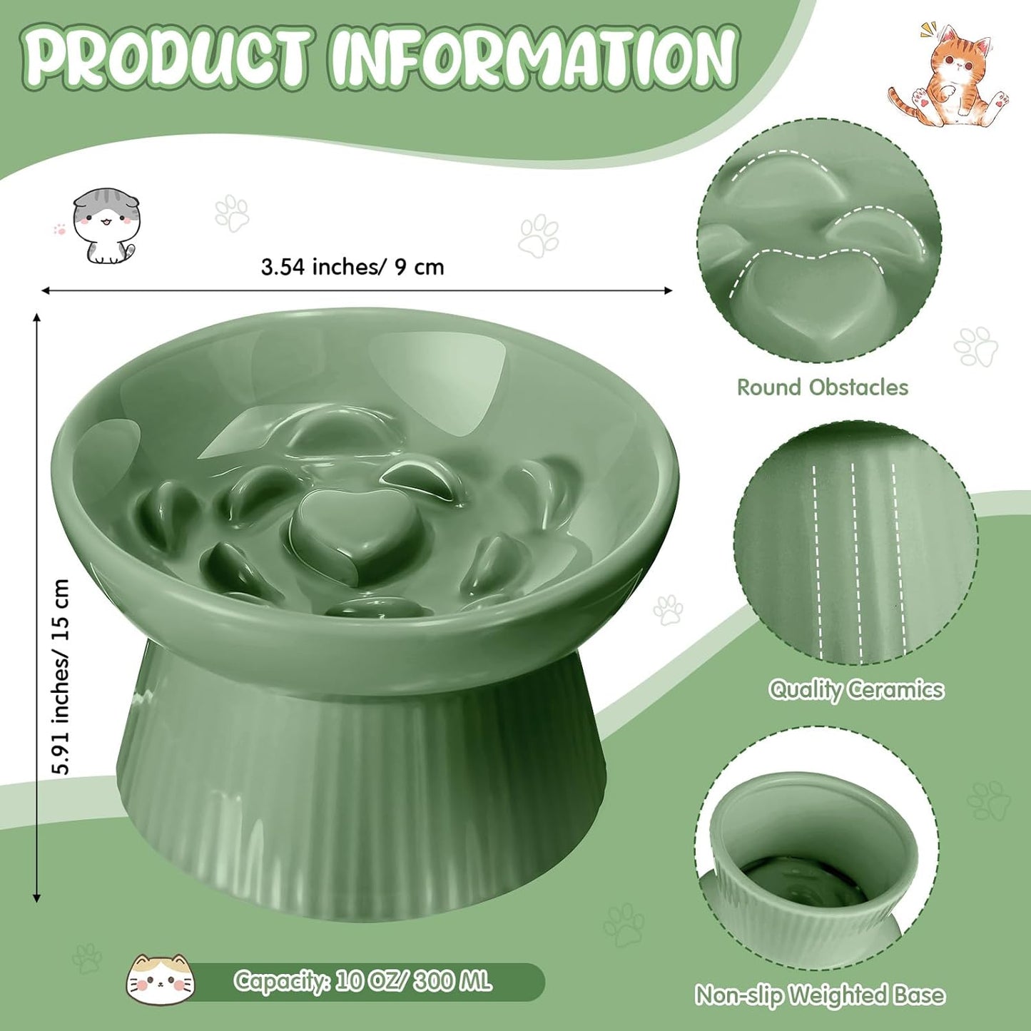 Tioncy 2 Pcs Raised Cat Slow Feeder Bowl Ceramic Elevated Cat Dog Food Bowl No Spill High Edge for Dry Wet Food and Water Easy to Clean, Dishwasher Safe(Sage Green)