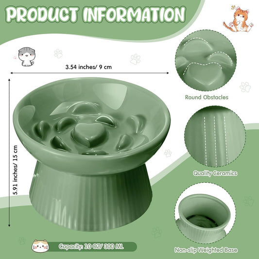 Tioncy 2 Pcs Raised Cat Slow Feeder Bowl Ceramic Elevated Cat Dog Food Bowl No Spill High Edge for Dry Wet Food and Water Easy to Clean, Dishwasher Safe(Sage Green)