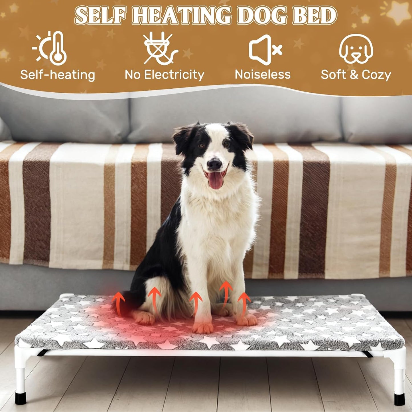 Large Self Warming Dog Bed Pad for Elevated Dog Bed Replacement Self Heating Warm Raised Cot Pad Mat with Corner Strap Removable Washable Soft Plush Cover Non-Slip Bottom Star(51 x 32 Inches)