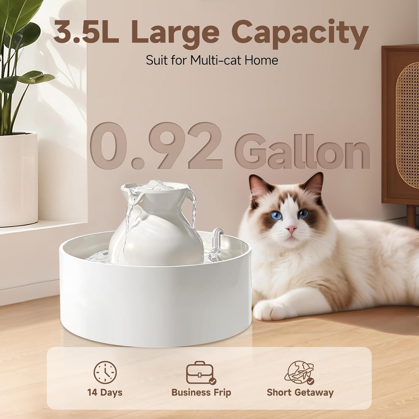 Ceramic Cat Water Fountain, 3L/101 fl oz Ultra-Quiet Pet Water Fountain, Automatic Water Dispenser for Cats & Small Dogs, No Spill Cat Water Bowl, BPA-Free, 2 Filters Included, Easy to Clean