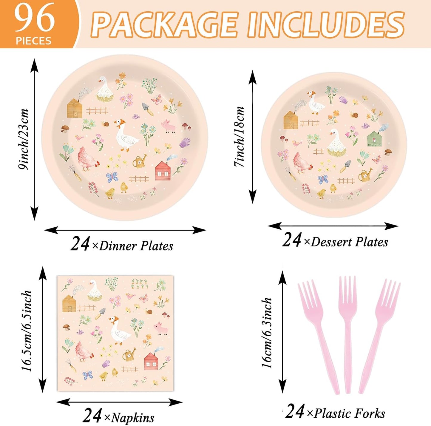 96Pcs Farm Barnyard Party Decorations Garden Tea Themed Tableware Farm Animals Flowers Plates Napkins Forks Summer Floral Dinnerware Supplies for Baby Shower Birthday Serves 24 Guests