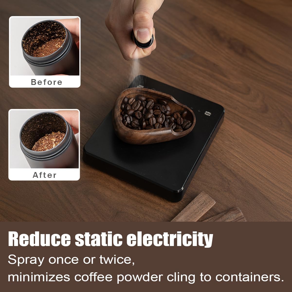 Coffee Bean Dosing Cup & RDT Spray Bottle Set - Walnut Wood Espresso Accessories Kit with Static Reduction Spray, Measuring Tray for Coffee/Tea