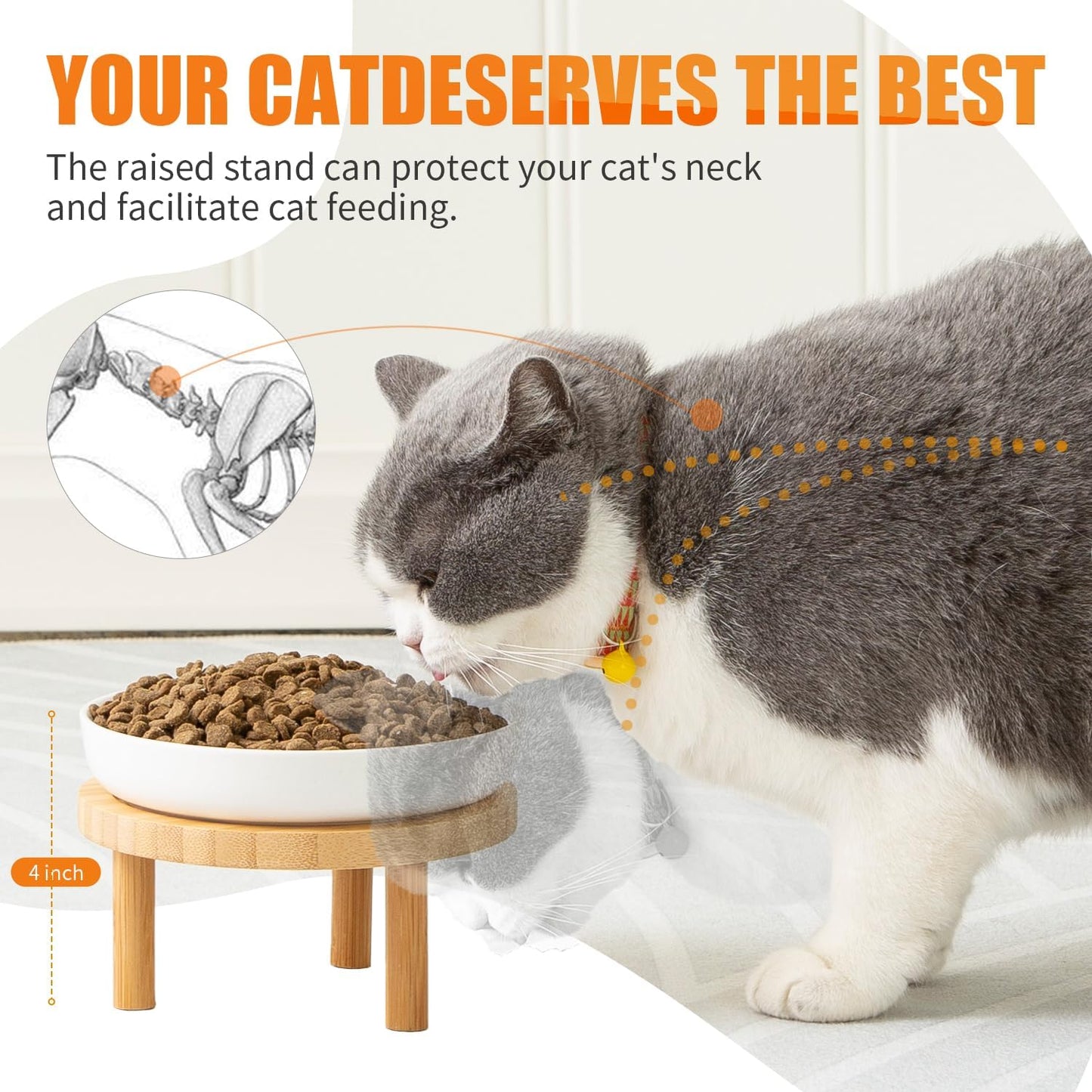 Shallow Elevated Cat Bowls,5.9 Inch Wide Raised Ceramic Cat Dishes with Bamboo Stand, Whisker Friendly Pet Water or Food Plates Feeding Station for Indoor Cats, Kitten (Blue,Set of 2)