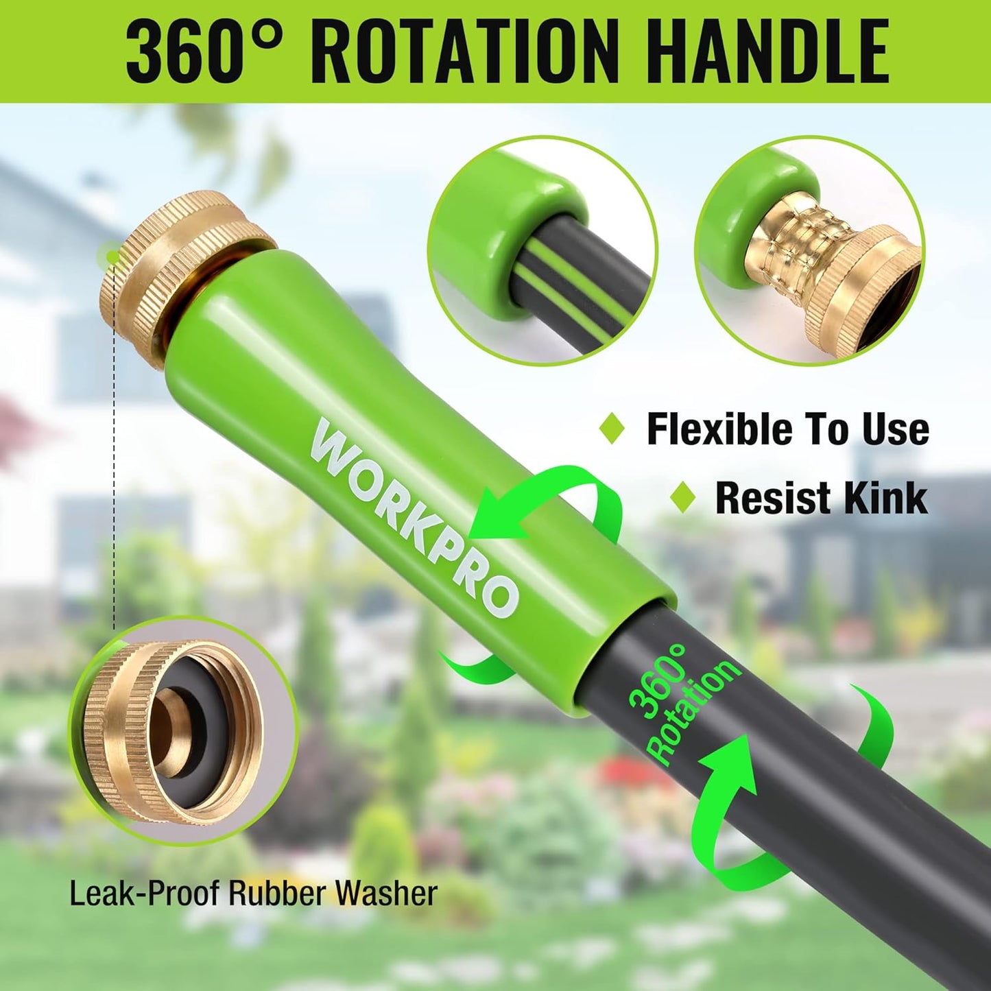 WORKPRO Garden Hose 5/8 IN x 10 FT, Heavy Duty, Flexible, Lightweight Water Hose with 360° Rotation Handle, 3/4" GHT Solid Brass Fittings, for Outdoor, Lawn, Garden & Yard, Car Wash
