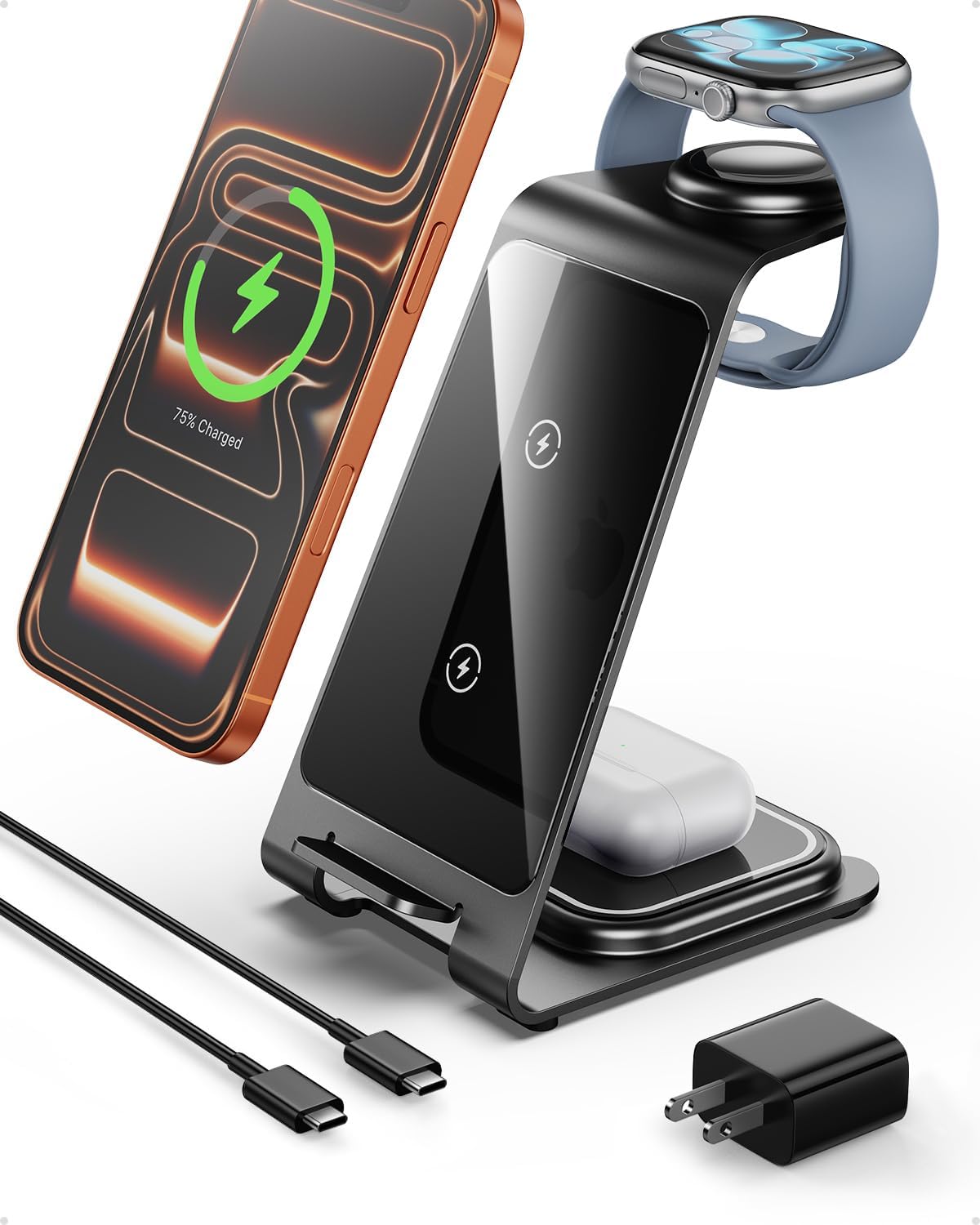 Intoval Aluminum 3 in 1 Wireless Charging Station for iPhone 17 16 15 14 13 12 11 Pro Max XR, Wireless Charger for Apple Watch 11 10 9 8 7 Ultra SE 3 2, Phone Charger for AirPods 4 Pro 2 3 (Grey)
