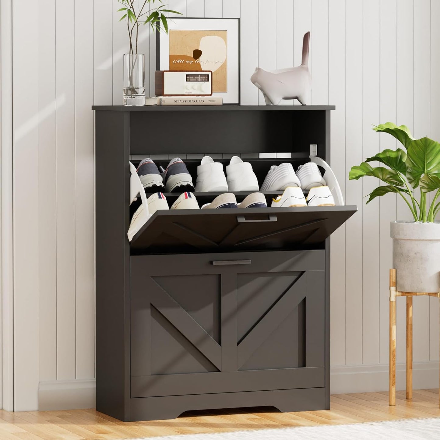 Farmhouse Shoe Cabinet for Entryway with Barn-Style Flip Drawers, Narrow Shoe Storage Organizer with Top Display Shelf, Adjustable Shelves, Shoe Rack for Hallway, Closet- (Black, 24")