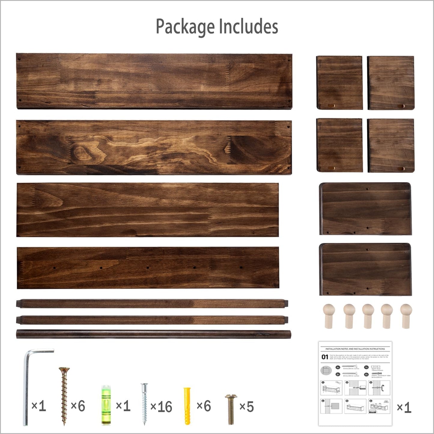 AZSKY 16 Inch Nursery Book Shelves Wall Floating Bookshelf with Hook Deep Walnut Hanging Book Shelf Toddler Room for Kids Room Bedroom Bathroom Living Room Kitchen Set of 3