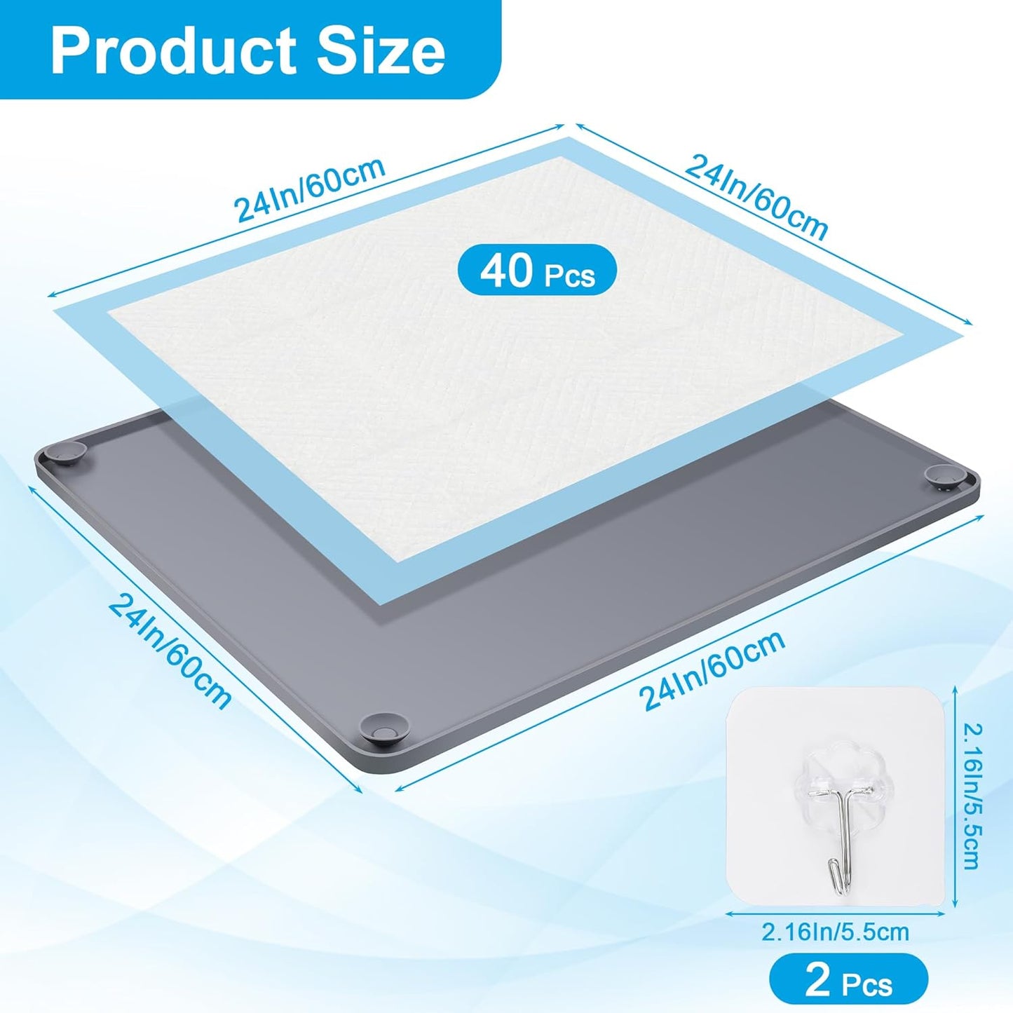 24 x 24In Dog Pee Pad Holder Training Pads Silicone, Catcan Non Slip Pad Holder for Dog Training with 40Pcs Disposable Urine Pads and 2 Hooks