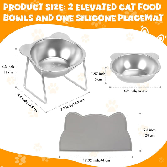 Elevated Cat Bowls, 2 Pack Stainless Steel Cat Food Water Bowls with Non-Slip Placemat, 15° Tilted Stand Anti Vomiting Raised Pet Food Feeding Dishes Plate for Cats Kitten Puppies Dogs Small Animals