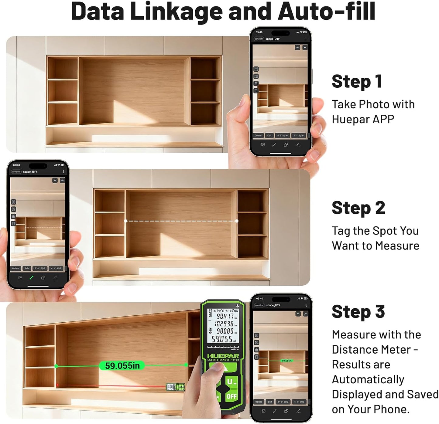 Huepar 330Ft Green Laser Measurement Tool with APP Control, Rechargeable Bluetooth Distance Meter ±1/16" High Accuracy, Angle Sensor, Multiple Modes, IP54 Waterproof Durable for Home & Construction