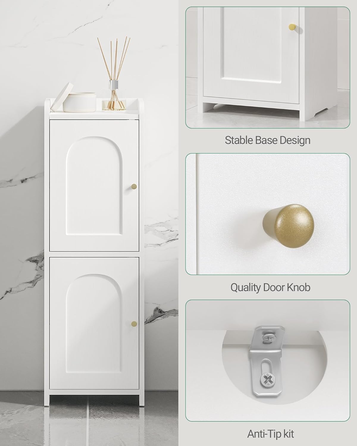 Bathroom Storage Cabinet, Small Corner Floor Cabinet with 2 Doors and Adjustable Shelf, Narrow Toilet Paper Cabinets, Bathroom Organizer for Small Spaces, 7.9" D x 9.8" W x 29.5" H White