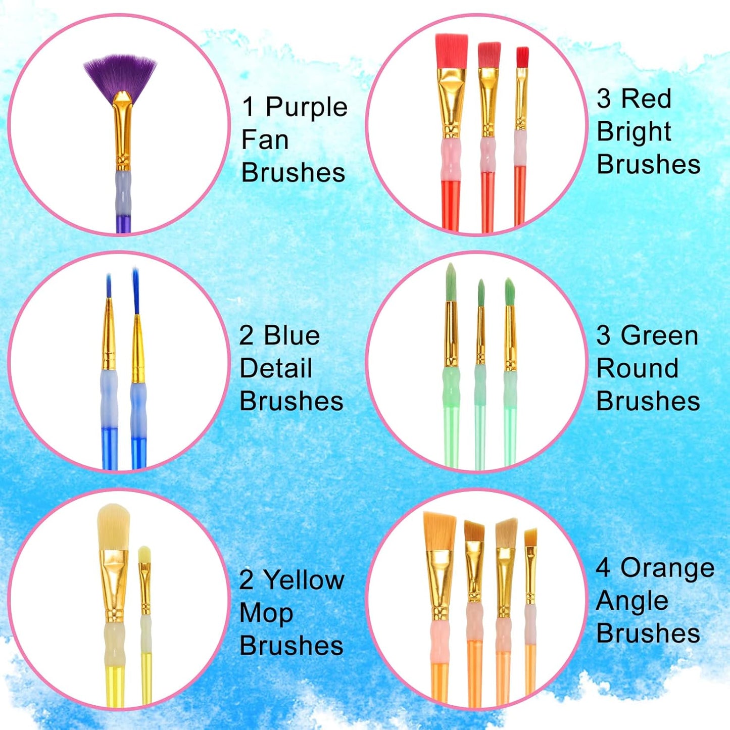 15Pcs Paint Brushes Value Pack, Includes 15 Different Types of Brushes, Nylon Colorful Hair with Silicone Crystal Penholder, Prefect Works with Oil, Acrylic and Watercolor Painting