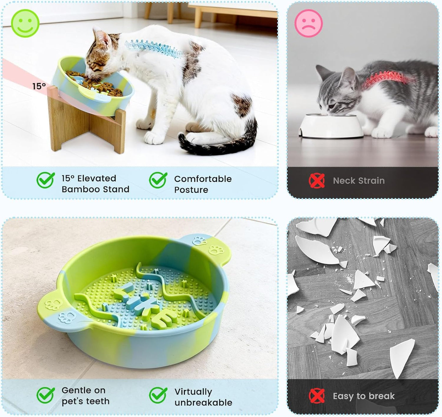 Daily Treasures Slow Feeder Cat Bowl with 15° Raised Bamboo Stand, Silicone Food Dish for Wet & Dry Food,Anti Vomit Interactive Pet Dish,Non-Slip Puzzle Food Bowls for Cats & Small Dogs(Blue & Green)