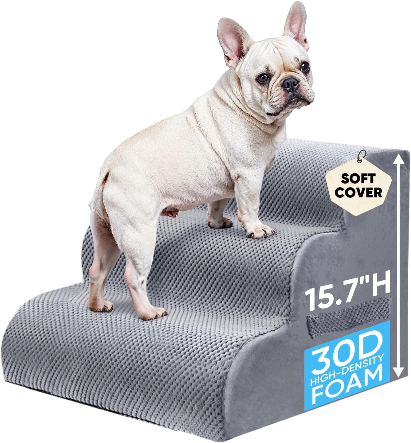 PAWSCART 작은 반려동물을 위한 강아지 계단, 높이 45cm(17.75인치) 30D 소재 부드러운 폼, 휴대용 경사로 미끄럼 방지 표면 미끄럼 방지, 소파 및 높은 침대 등반을 위한 미끄럼 방지, 고양이 또는 개를 위한 3단계 계단, 라이트 그레이