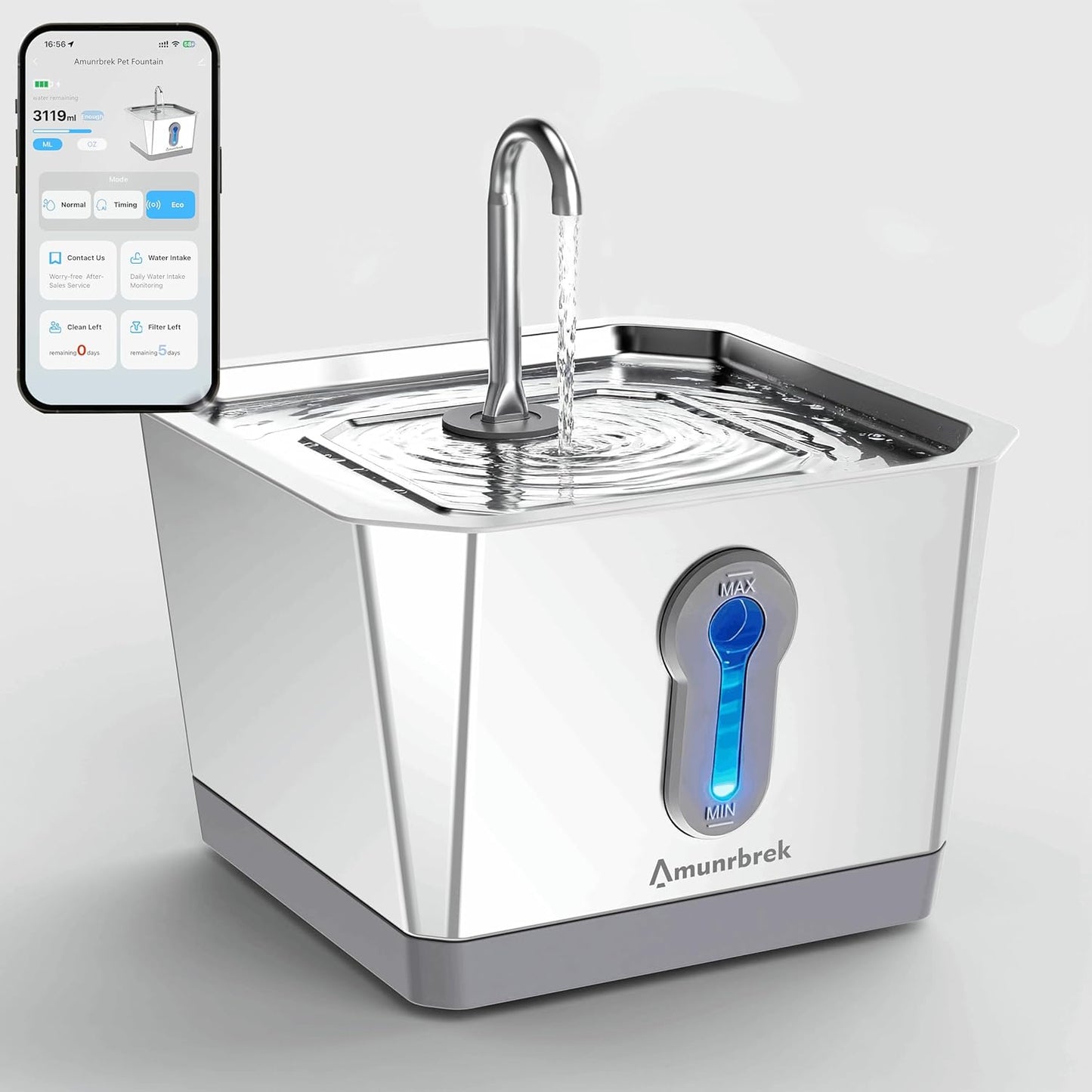 Wireless Cat Water Fountain, 3.5L Stainless Steel, Smart App & Motion Sensor Control, Battery Operated, Silent Pump, Low Water Alert & Drinking Tracking