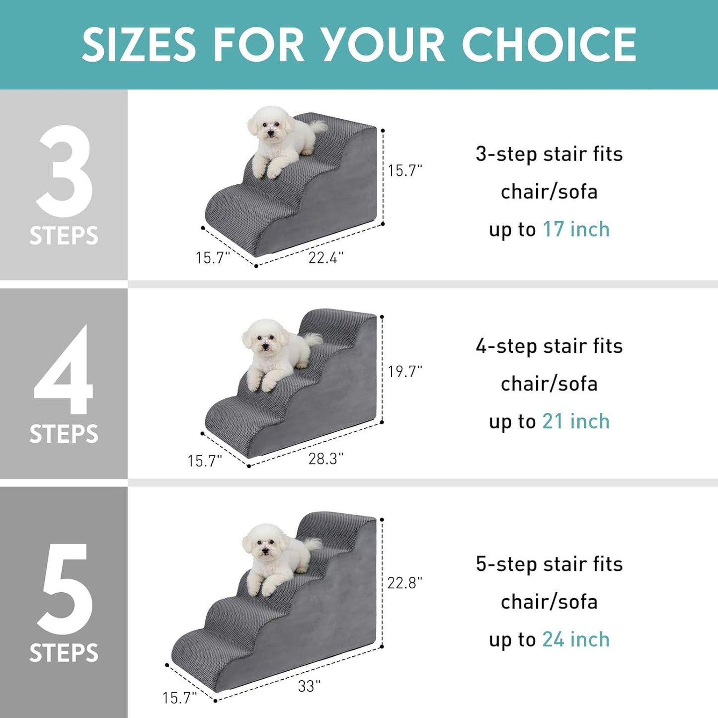Dog Stairs for Small Dogs,15.7" H Pet Stairs 3-Steps Ramp for Puppy, Older Cat, Stairs with Whole 30D High Density Foam, Corduroy Fabric, Non-Slip Bottom Dog Steps for Bed and Couch (Grey, 3-Step)