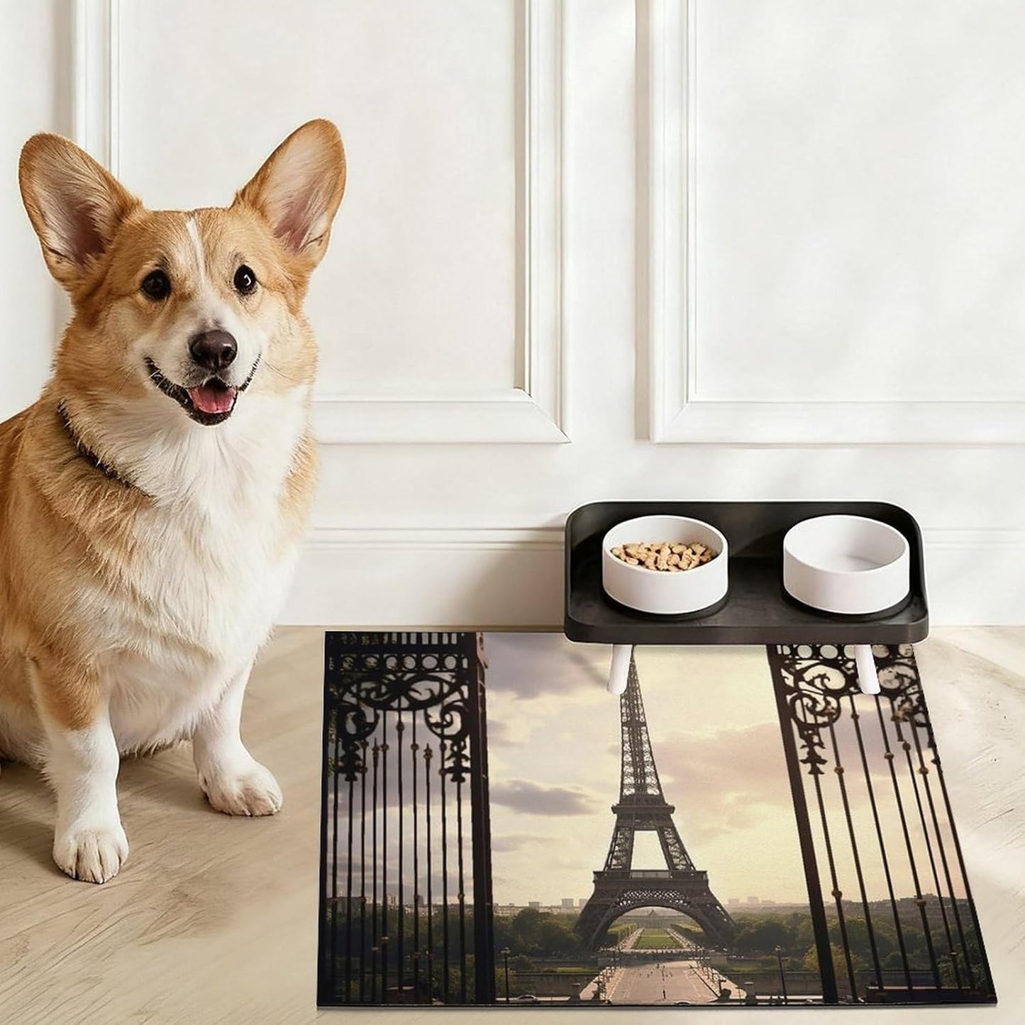 Dog Food Mat Pet Leather Tablecloth Paris Eiffel Tower Pet Feeding Mat Anti-Slip Dog Bowl Mats Absorbent Pet Placemats for Dogs Protect Floor Dogs Pad for Food and Water