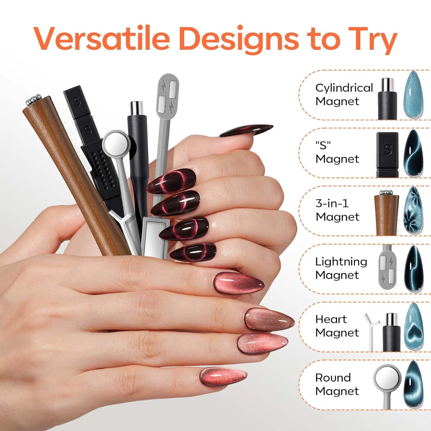 modelones Cat Eye Magnet Set for Nails, Heart Cateye Powerful 3 IN One Magnetic Pen Nail Design Square Double Head Round Magnets Tool Glassy Moon French Flower Cats Eye Effect Manicure DIY Gift