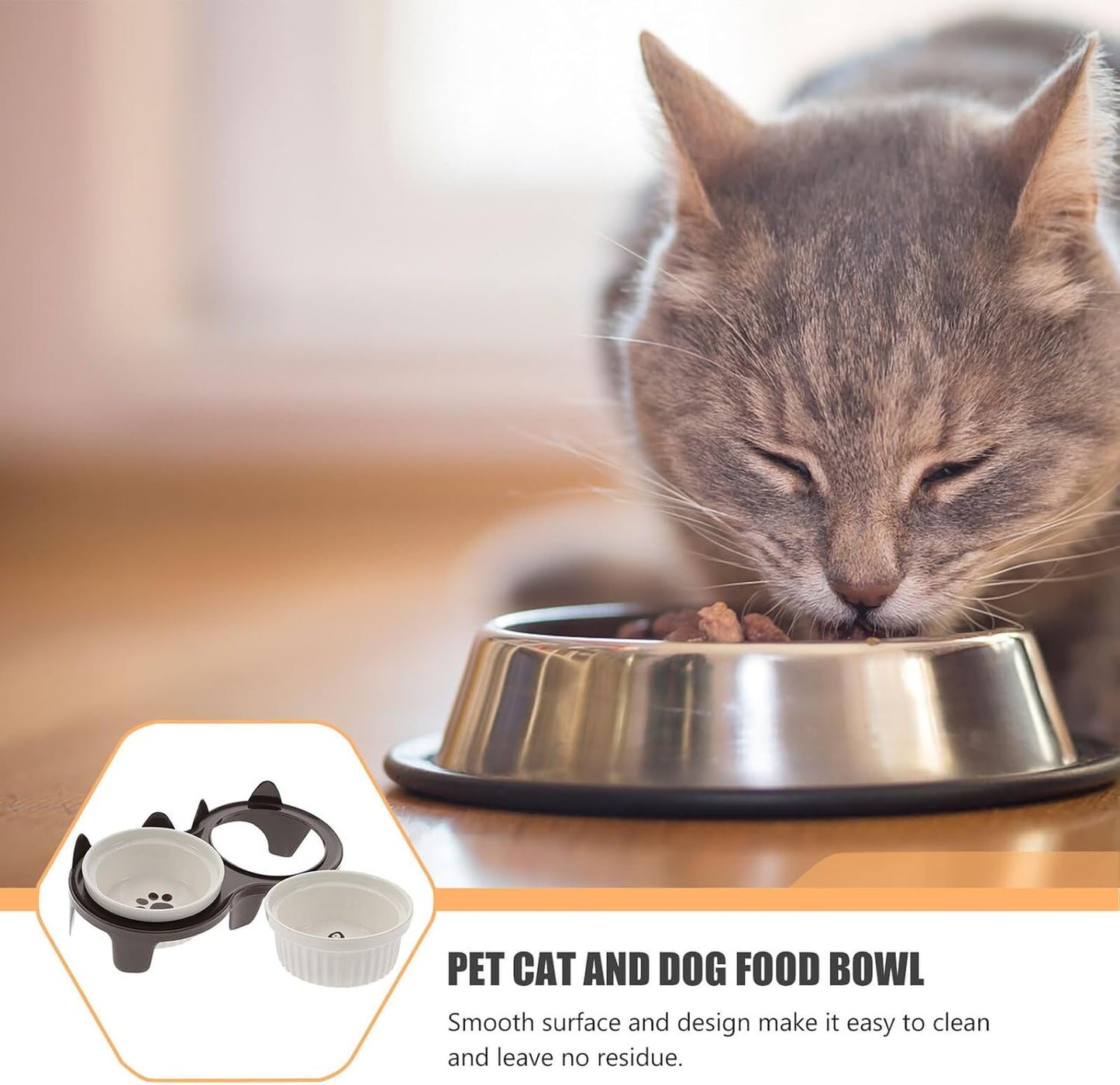 FAVOMOTO Elevated Ceramic Cat Food and Water Bowls with Stand, Neck Protection Footed Pet Feeding Bowl for Cats and Kittens, Brown Thickened Anti-Breaking Holder Suitable for Home Use