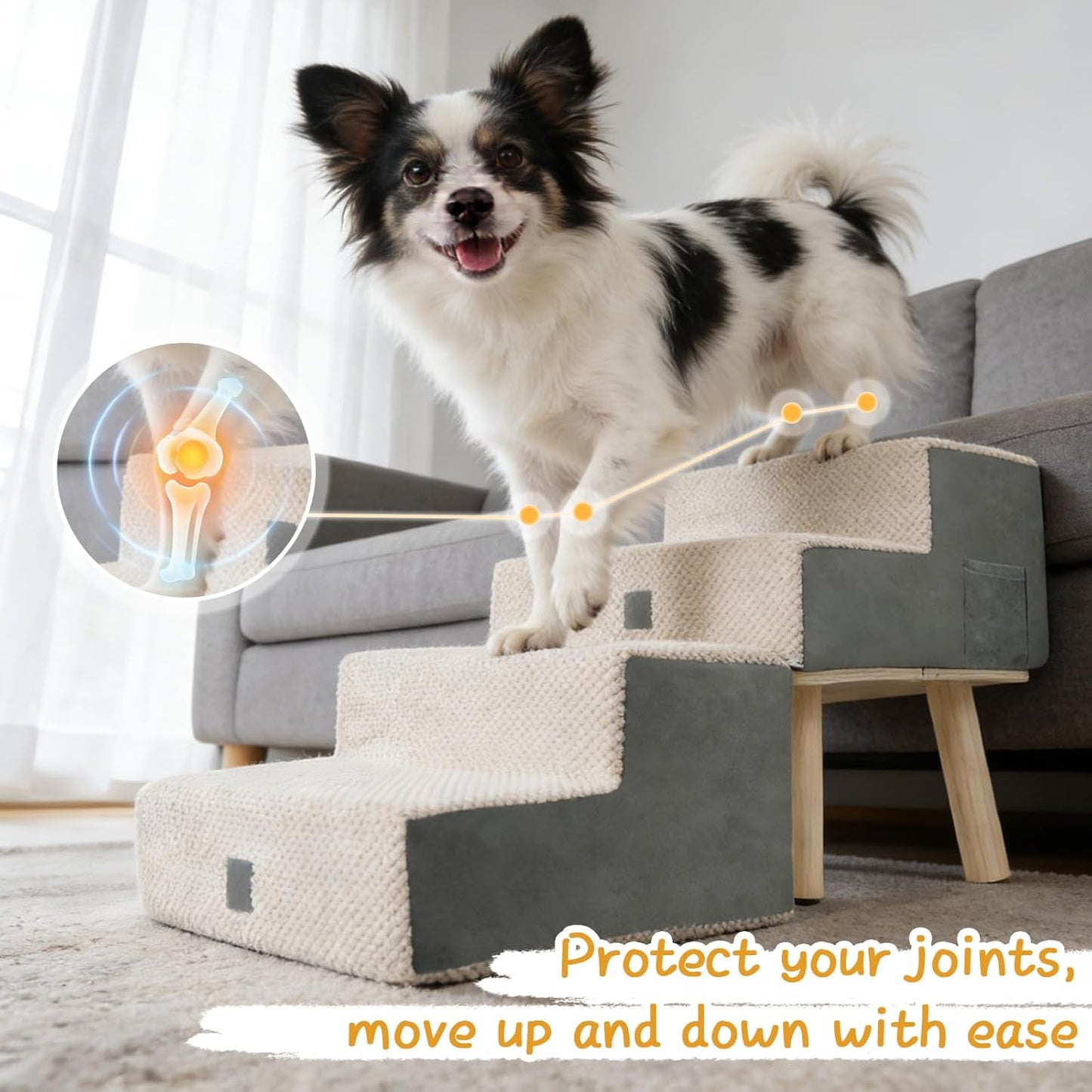 Dog Stairs for Small Dogs and Cats, 4-Step Dog Ramp for Couch and Bed, Foldable 2-in-1 Wooden Pet Steps for Puppy, Split Ottoman Design, Beige