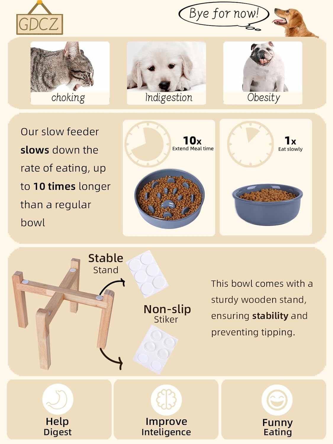 Dog Slow Feeder Bowl with Stand, Round Ceramic Pet Food Bowl for Medium Breed, Fun Raised Dog Bowls to Slow Down Eating (Grey)