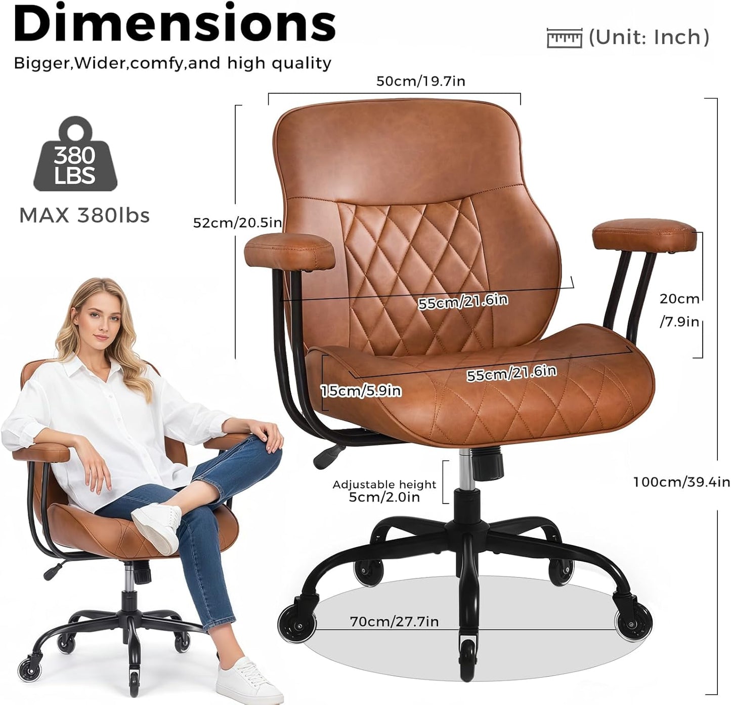 BEWISHOME Brown Leather Office Chair– Features Rubber Wheels and Lumbar Support Ergonomic Mid Century Modern Desk Chair with Adjustable Height, 360° Swivel for Home & Office