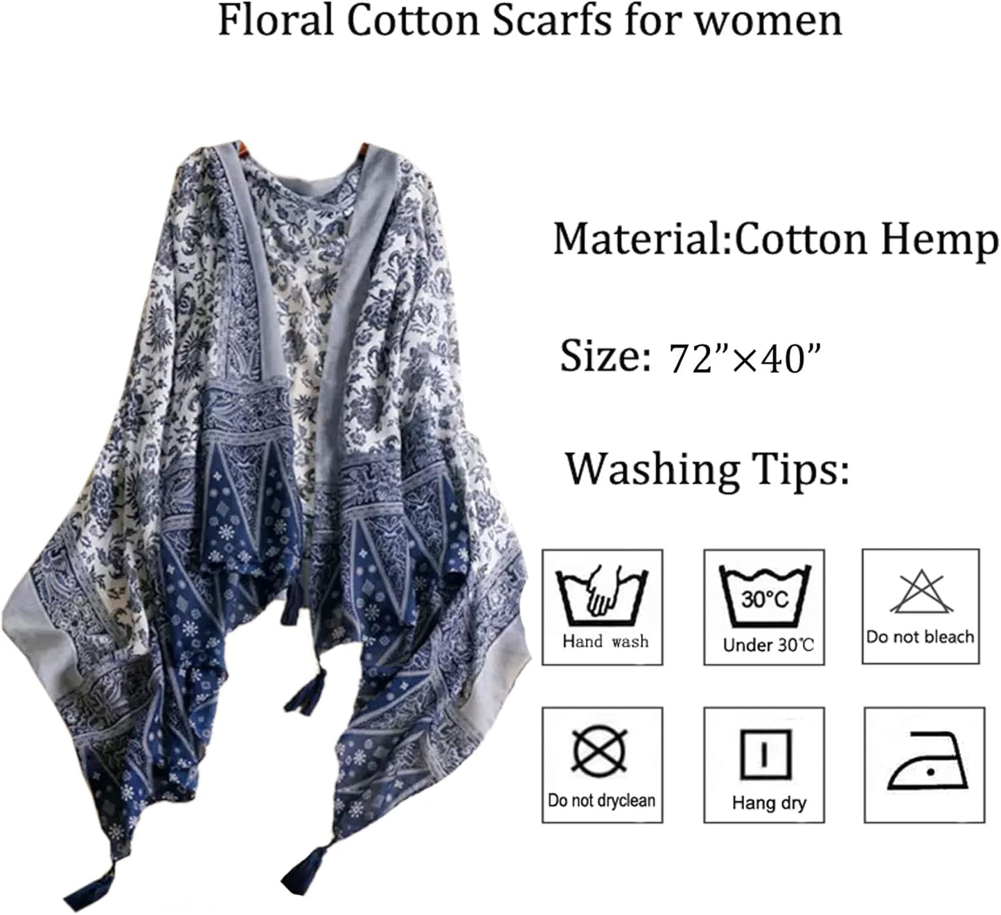 GUZOSJO Women's Boho Cotton Hemp Lightweight Floral Printed Scarf Long Shawl Wrap Scarf Head Shawl for Fall Spring