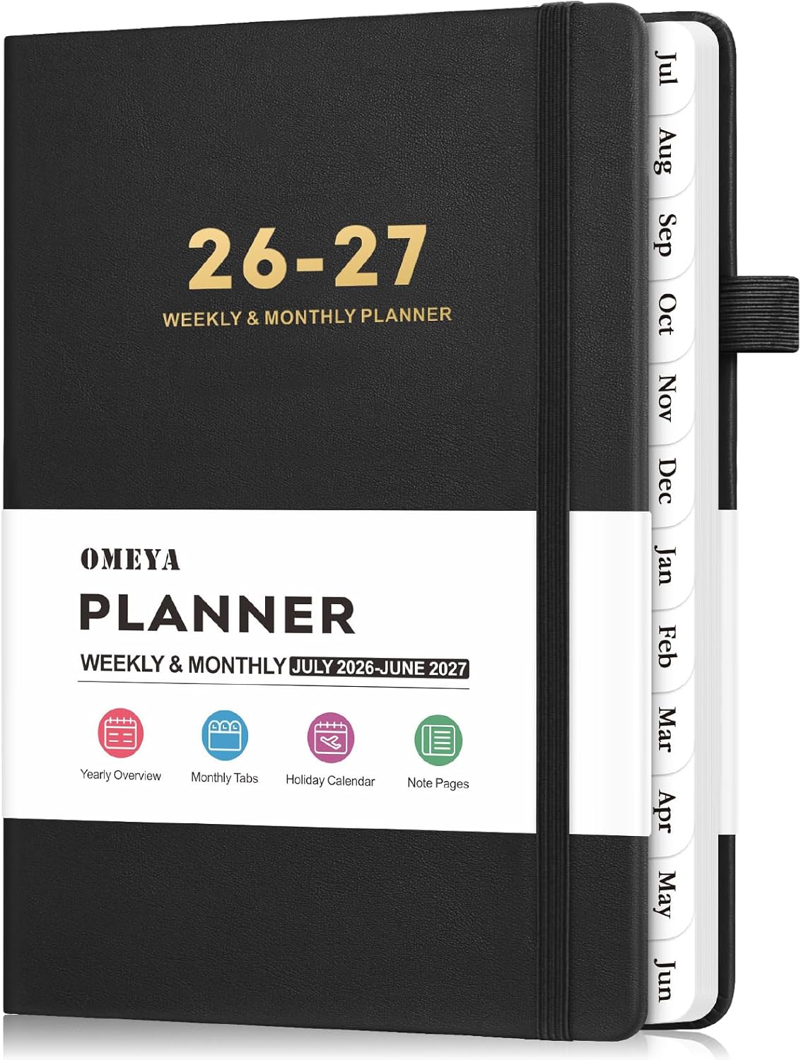 OMEYA 2026-2027 Weekly & Monthly Planner: A5 Black Leather Business Planner for Work, July 2026 – June 2027, 100gsm Thick Paper, Durable Stitched Binding, Tabs, Pen Loop, Pocket – Professional Planner