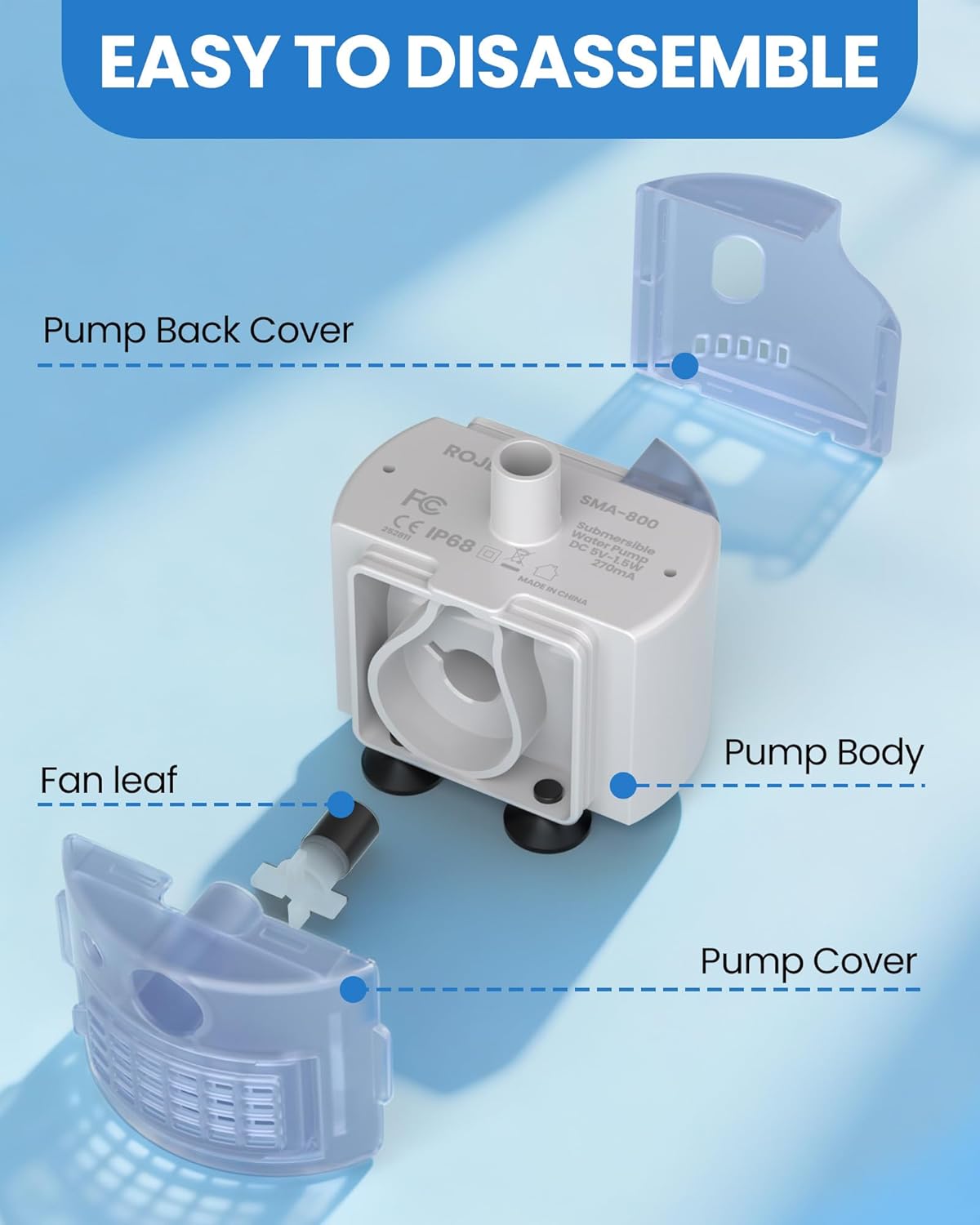 Tomxcute Official Replacement Pump for Cat Water Fountain, Easy-to-Clean Fully Detachable Pump Helps Prevent Clogs, Whisper-Quiet (<20dB), 5V USB Low Voltage (Adapter Not Included)